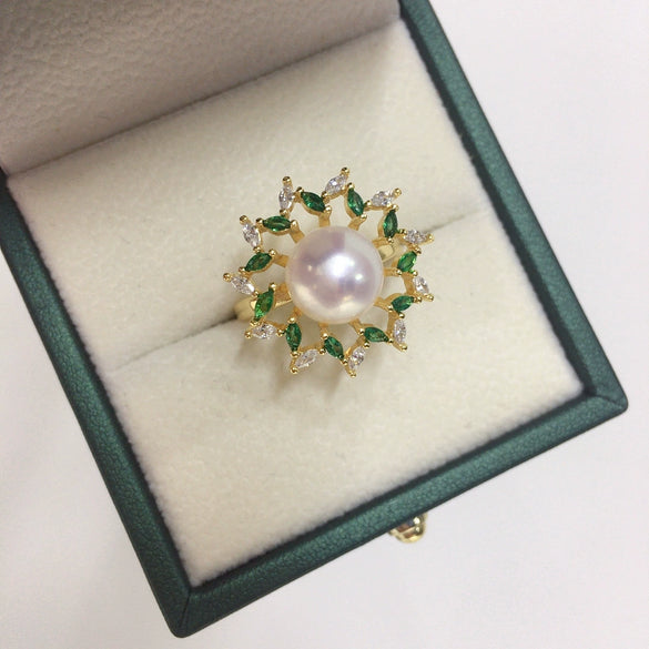 Wholesale Fashion Women's Freshwater Pearl Ring With Copper Material And Micropaved Green Zircon In Flat Round And Bun Round Shapes