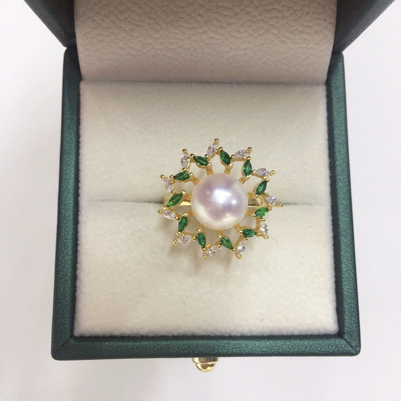 Wholesale Fashion Women's Freshwater Pearl Ring With Copper Material And Micropaved Green Zircon In Flat Round And Bun Round Shapes