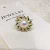 Wholesale Fashion Women's Freshwater Pearl Ring With Copper Material And Micropaved Green Zircon In Flat Round And Bun Round Shapes