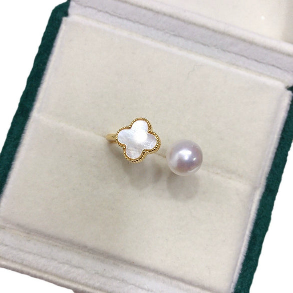 Wholesale Fashion Women's Freshwater Pearl Ring With Natural Seashells And Four Leaf Clover Copper And Gold Design