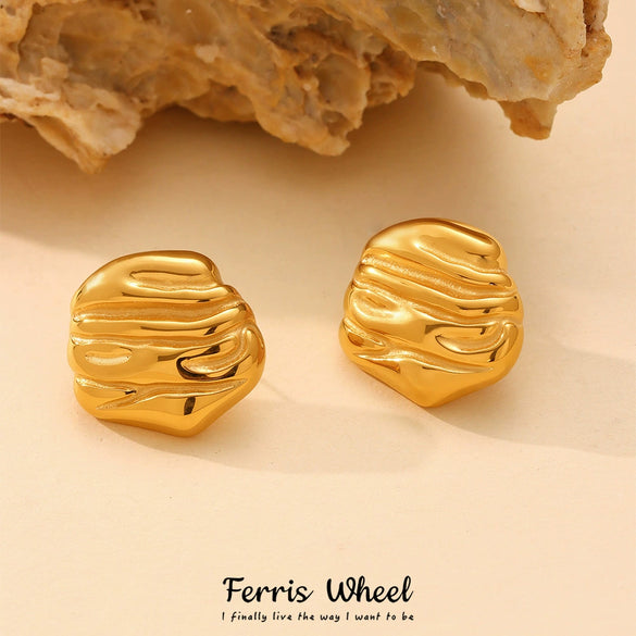 Wholesale Fashion Women's Geometric Asymmetrical Hammer Pattern Lace Pleated Stainless Steel And Glass Stone Electroplated Earrings