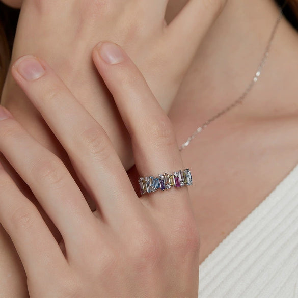 Wholesale Fashion Women's Geometric Rainbow Zircon Ring S925 Silver Inlaid With Color Treasures