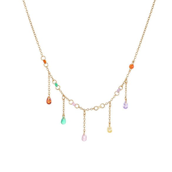 Wholesale Fashion Women's Geometric Stainless Steel Electroplated Rainbow Water Drop Colored Diamond Necklace With Tassel Pendant