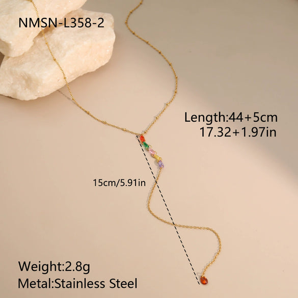 Wholesale Fashion Women's Geometric Stainless Steel Electroplated Rainbow Water Drop Colored Diamond Necklace With Tassel Pendant