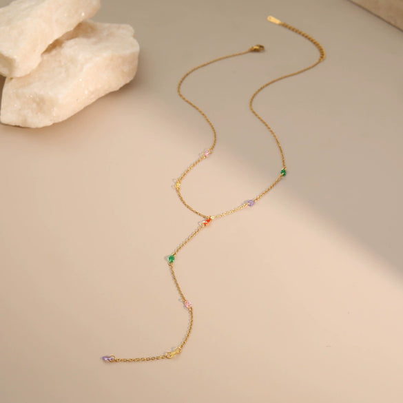 Wholesale Fashion Women's Geometric Stainless Steel Electroplated Rainbow Water Drop Colored Diamond Necklace With Tassel Pendant
