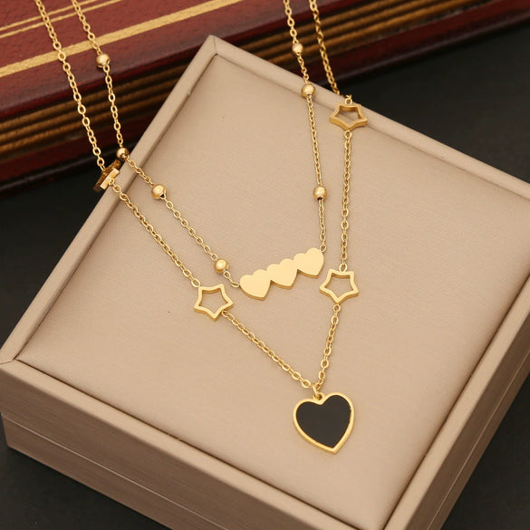 Wholesale Fashion Women's Jewelry Set With Heart Shaped Pendant Stainless Steel Clavicle Chain Electroplated Double Layer O Chain