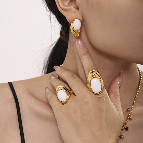 Wholesale Fashion Women's Natural Opal Stainless Steel Ring Earrings Pvd Plated