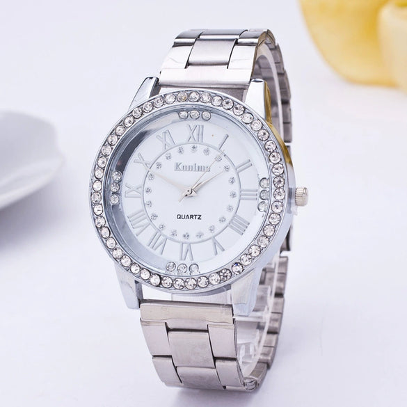Wholesale Fashion Women's Quartz Watch With Roman Scale And Explosive Diamonds Stainless Steel Band And Alloy Case
