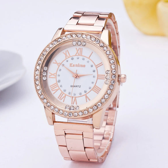 Wholesale Fashion Women's Quartz Watch With Roman Scale And Explosive Diamonds Stainless Steel Band And Alloy Case