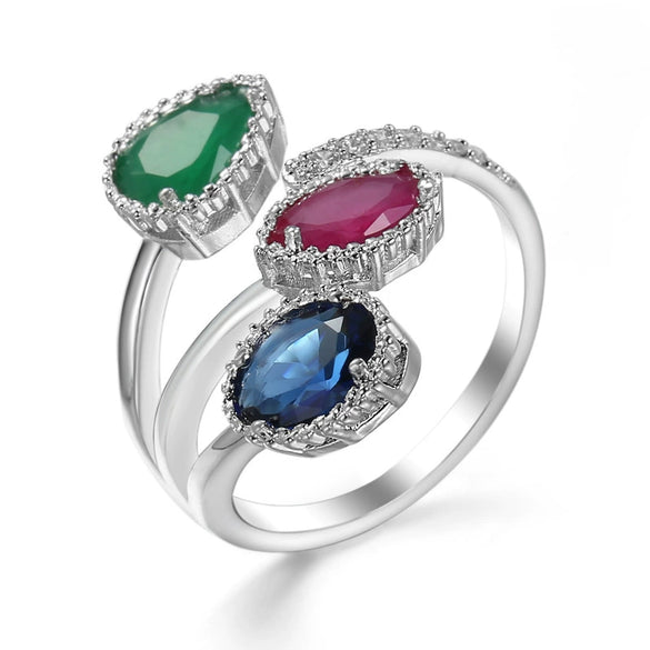 Wholesale Fashion Women's Ring Copper Water Drop Shape Blue Zircon Electroplated Inlaid