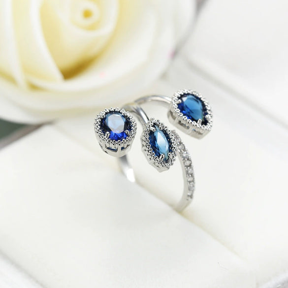 Wholesale Fashion Women's Ring Copper Water Drop Shape Blue Zircon Electroplated Inlaid