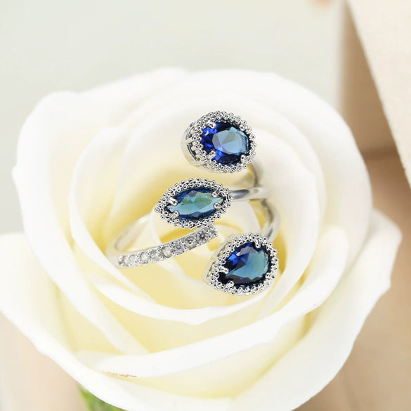 Wholesale Fashion Women's Ring Copper Water Drop Shape Blue Zircon Electroplated Inlaid