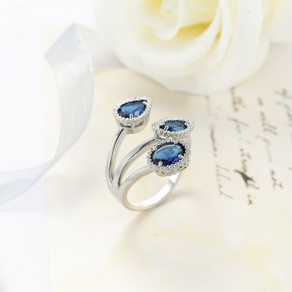 Wholesale Fashion Women's Ring Copper Water Drop Shape Blue Zircon Electroplated Inlaid