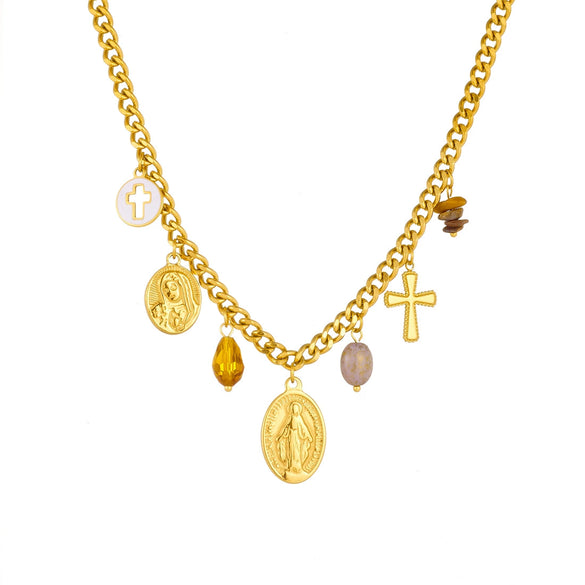 Wholesale Fashion Women's Stainless Steel And Titanium Steel Jewelry Set With Cross Crown And Roman Numerals Pattern Gold Plated Oval Relief Pendant