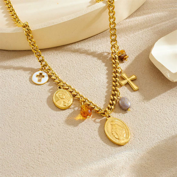 Wholesale Fashion Women's Stainless Steel And Titanium Steel Jewelry Set With Cross Crown And Roman Numerals Pattern Gold Plated Oval Relief Pendant