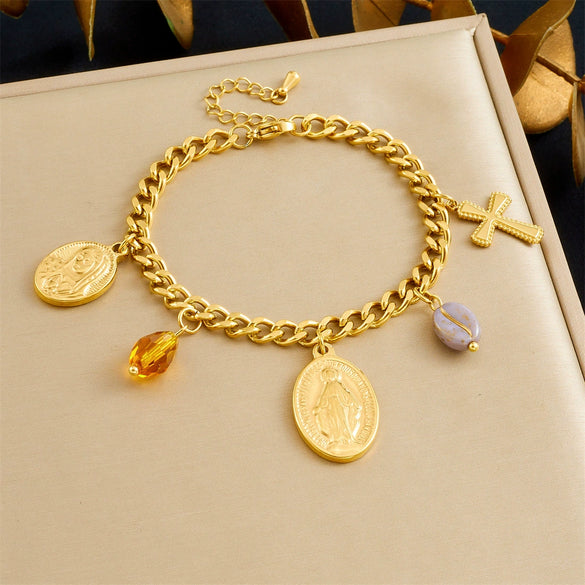 Wholesale Fashion Women's Stainless Steel And Titanium Steel Jewelry Set With Cross Crown And Roman Numerals Pattern Gold Plated Oval Relief Pendant