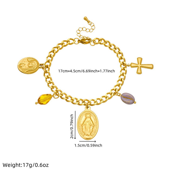 Wholesale Fashion Women's Stainless Steel And Titanium Steel Jewelry Set With Cross Crown And Roman Numerals Pattern Gold Plated Oval Relief Pendant