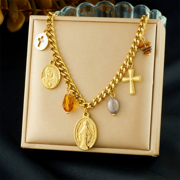 Wholesale Fashion Women's Stainless Steel And Titanium Steel Jewelry Set With Cross Crown And Roman Numerals Pattern Gold Plated Oval Relief Pendant