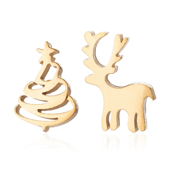 Wholesale Fashion Women's Stainless Steel Asymmetric Earrings With Elk And Christmas Tree Patterns Electroplated