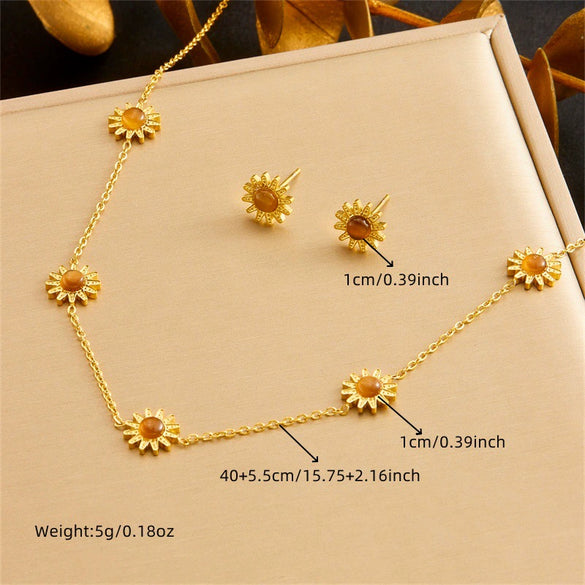 Wholesale Fashion Women's Stainless Steel Chain Necklace Earring Bracelet Suit With Sunflower Pattern And Electroplating