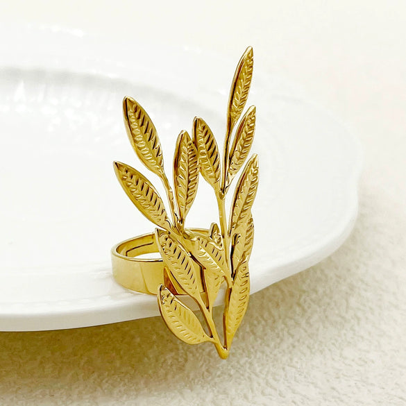 Wholesale Fashion Women's Stainless Steel Leaves Opening Ring With Electroplating Treatment
