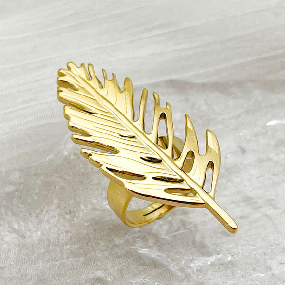 Wholesale Fashion Women's Stainless Steel Leaves Opening Ring With Electroplating Treatment