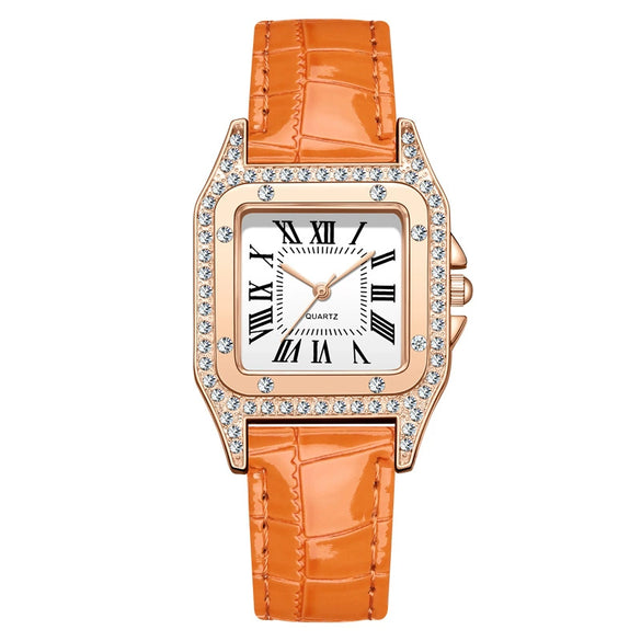 Wholesale Fashion Women's Watch Square Metal Case Imitation Leather Strap Diamondencrusted Quartz