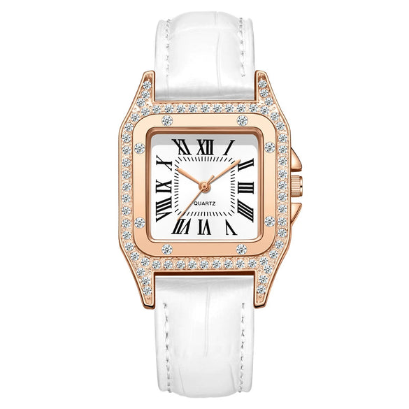 Wholesale Fashion Women's Watch Square Metal Case Imitation Leather Strap Diamondencrusted Quartz