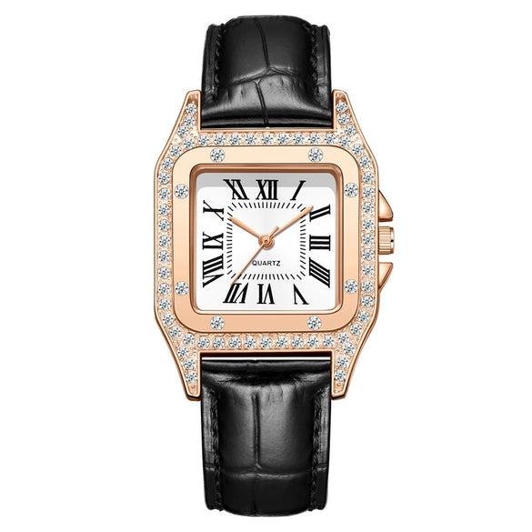Wholesale Fashion Women's Watch Square Metal Case Imitation Leather Strap Diamondencrusted Quartz