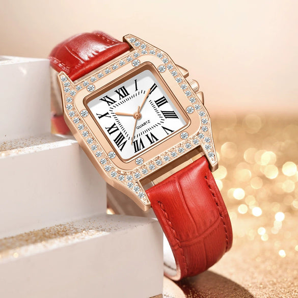 Wholesale Fashion Women's Watch Square Metal Case Imitation Leather Strap Diamondencrusted Quartz