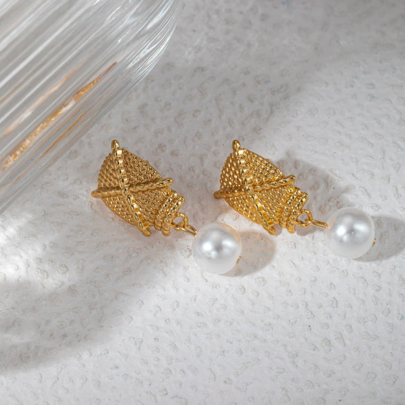 Wholesale Fashion Woven Texture Titanium Steel And Pearl Earrings With Geometric Rhombus And Star Patterns Electroplated For Women