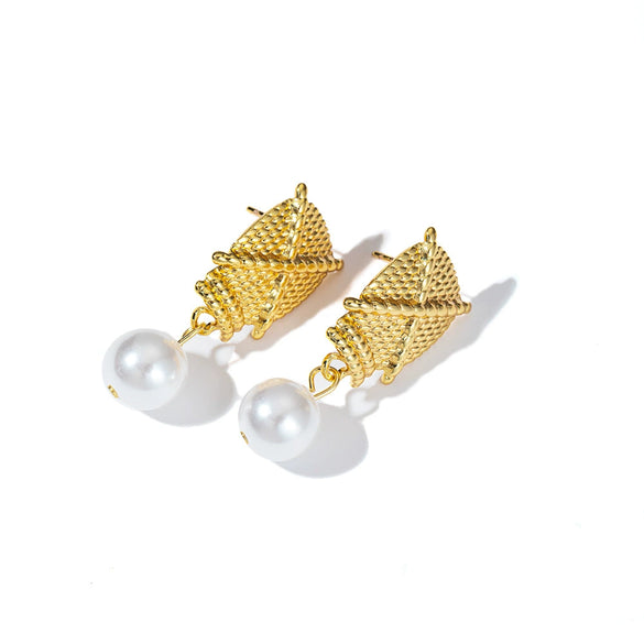 Wholesale Fashion Woven Texture Titanium Steel And Pearl Earrings With Geometric Rhombus And Star Patterns Electroplated For Women