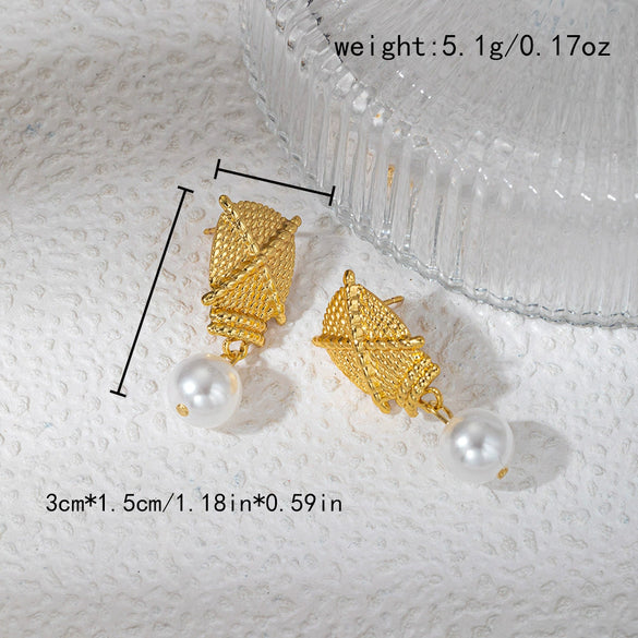 Wholesale Fashion Woven Texture Titanium Steel And Pearl Earrings With Geometric Rhombus And Star Patterns Electroplated For Women
