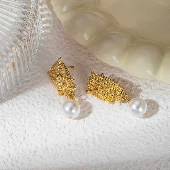 Wholesale Fashion Woven Texture Titanium Steel And Pearl Earrings With Geometric Rhombus And Star Patterns Electroplated For Women