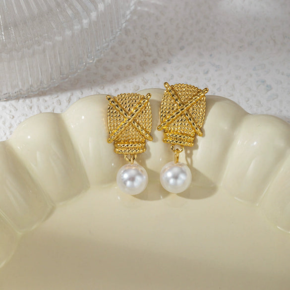 Wholesale Fashion Woven Texture Titanium Steel And Pearl Earrings With Geometric Rhombus And Star Patterns Electroplated For Women