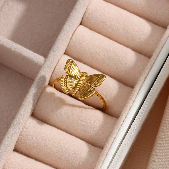 Wholesale Fashionable Adjustable Butterfly Ring In Stainless Steel With Geometric Pattern And 18K Gold Plated Electroplating For Women