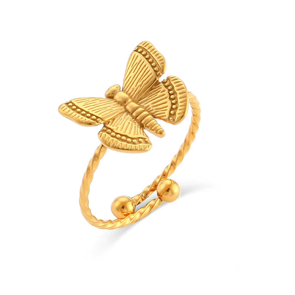 Wholesale Fashionable Adjustable Butterfly Ring In Stainless Steel With Geometric Pattern And 18K Gold Plated Electroplating For Women