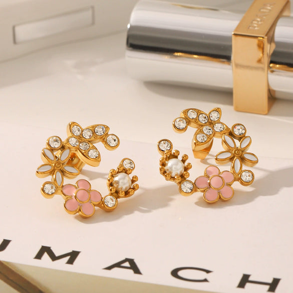 Wholesale Fashionable Diamond Pearl Earrings Stainless Steel Flower Earrings With Electroplating And Pvd Vacuum Plating For Women