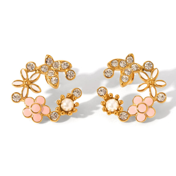 Wholesale Fashionable Diamond Pearl Earrings Stainless Steel Flower Earrings With Electroplating And Pvd Vacuum Plating For Women