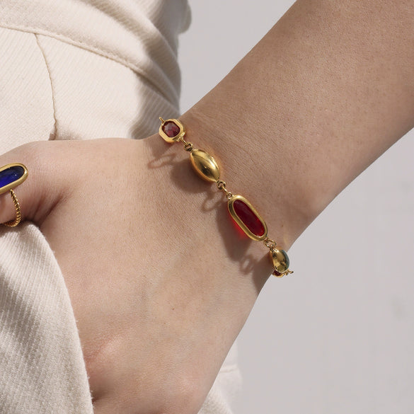 Wholesale Fashionable Electroplated Geometric Ferris Wheel Rectangular Faceted Czech Glass Stone Stainless Steel Bracelet For Women