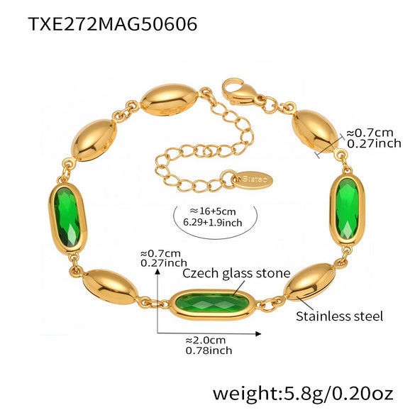 Wholesale Fashionable Electroplated Geometric Ferris Wheel Rectangular Faceted Czech Glass Stone Stainless Steel Bracelet For Women