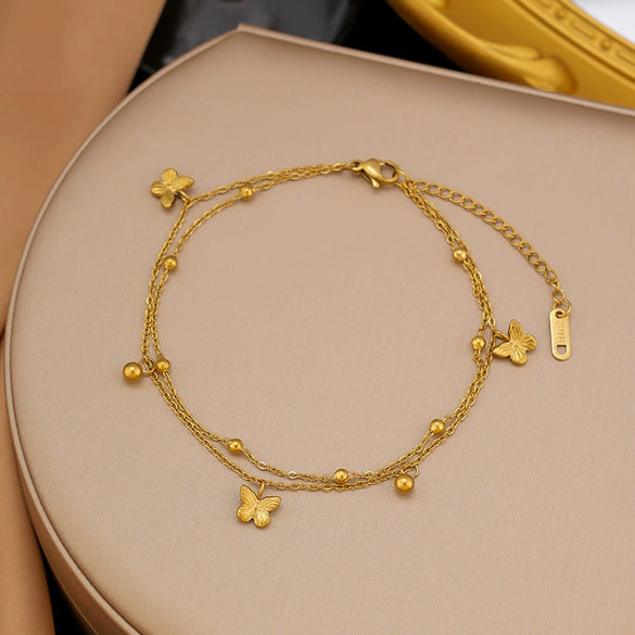 Wholesale Fashionable Elegant Butterfly 18K Gold Electroplated Titanium Steel And Stainless Steel Necklace And Double Layer Anklet For Women With Animal And Zodiac Shapes