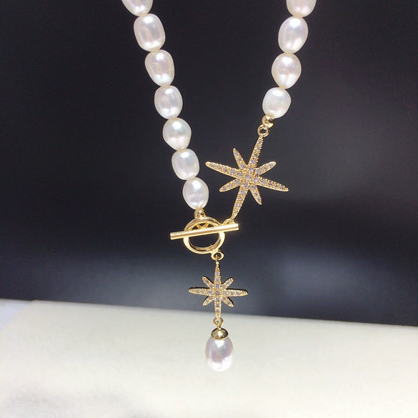 Wholesale Fashionable Exquisite Natural Freshwater Pearl Riceshaped Sixpointed Star Necklace Jewelry With Copper Accessories