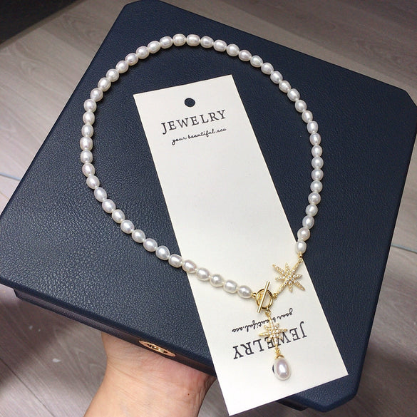 Wholesale Fashionable Exquisite Natural Freshwater Pearl Riceshaped Sixpointed Star Necklace Jewelry With Copper Accessories