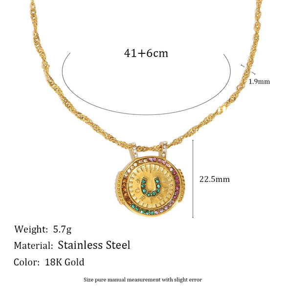 Wholesale Fashionable Geometric Stainless Steel Electroplated 18K Gold Colorful Zircon Disc Earrings Necklace Ring Set For Women