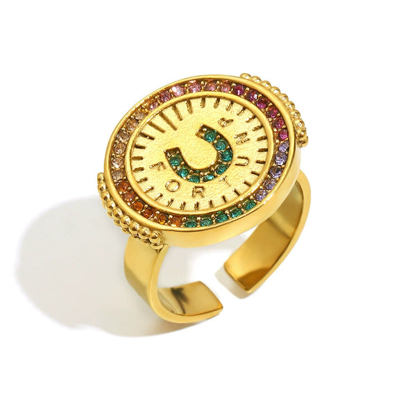 Wholesale Fashionable Geometric Stainless Steel Electroplated 18K Gold Colorful Zircon Disc Earrings Necklace Ring Set For Women