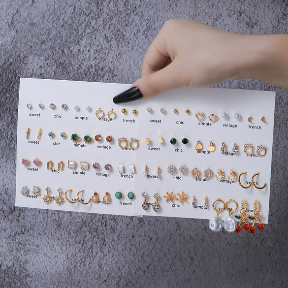 Wholesale Fashionable Geometric Zinc Alloy Electroplated Mini Diamond Cut Out And Pearl Cherry Pendant Earrings For Women