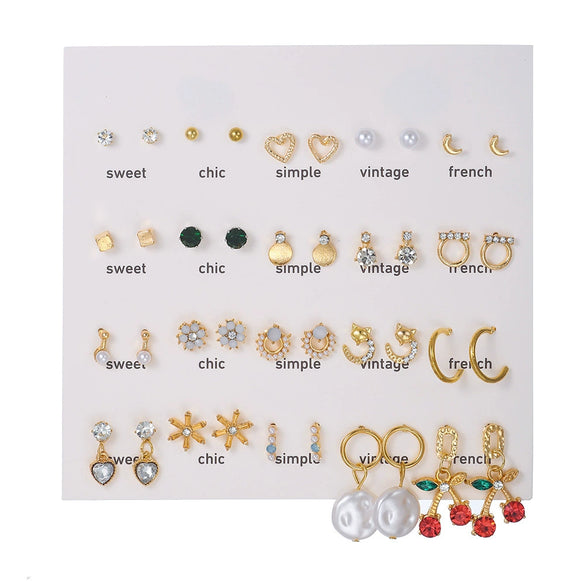 Wholesale Fashionable Geometric Zinc Alloy Electroplated Mini Diamond Cut Out And Pearl Cherry Pendant Earrings For Women