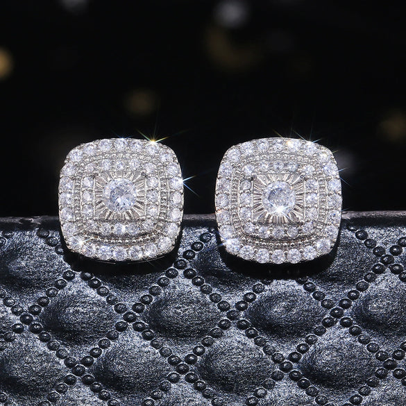 Wholesale Fashionable Micropaved White Zircon Retro Square Double Earrings For Women Copper Geometric