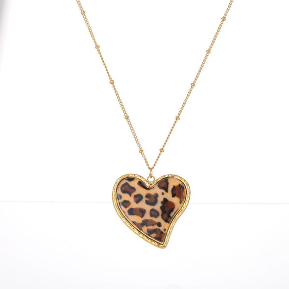Wholesale Fashionable Retro Leopard Print Heartshaped Stainless Steel Electroplated Women's Pendant Necklace